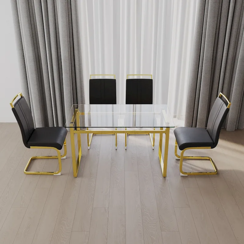 Modern Style 5-Piece Dining Set with Rectangular Tempered Glass Table and High Back Golden Plating Legs Dining Armless Chairs