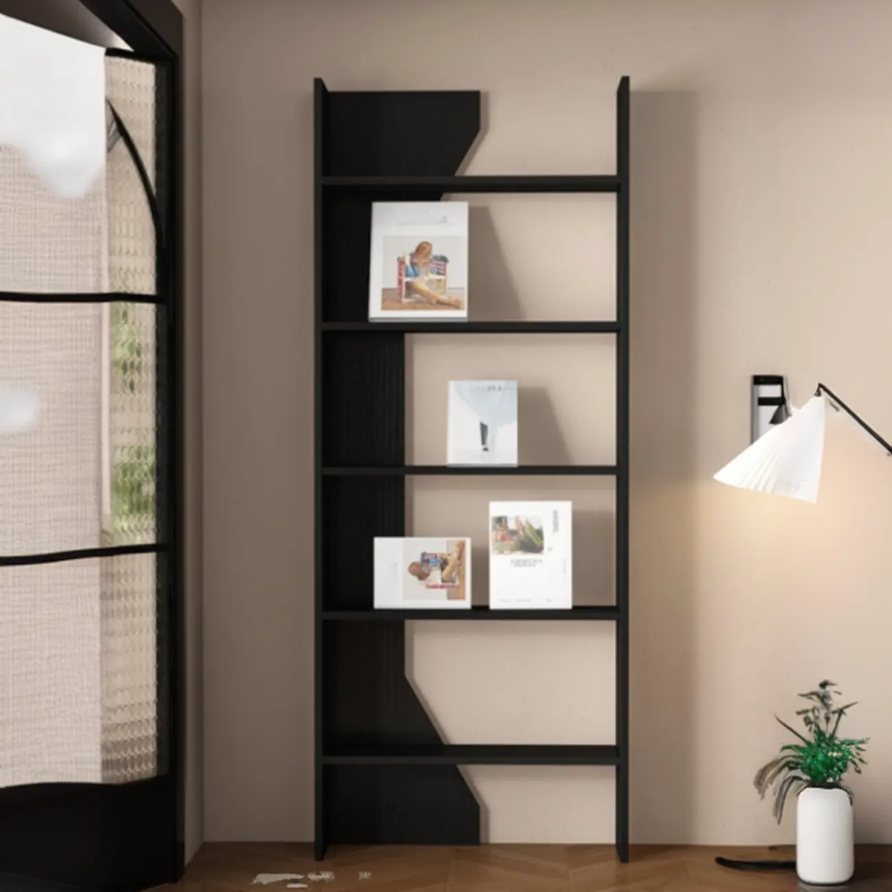Simple Black Wood 5-Shelf Open Rectangle Bookcase
