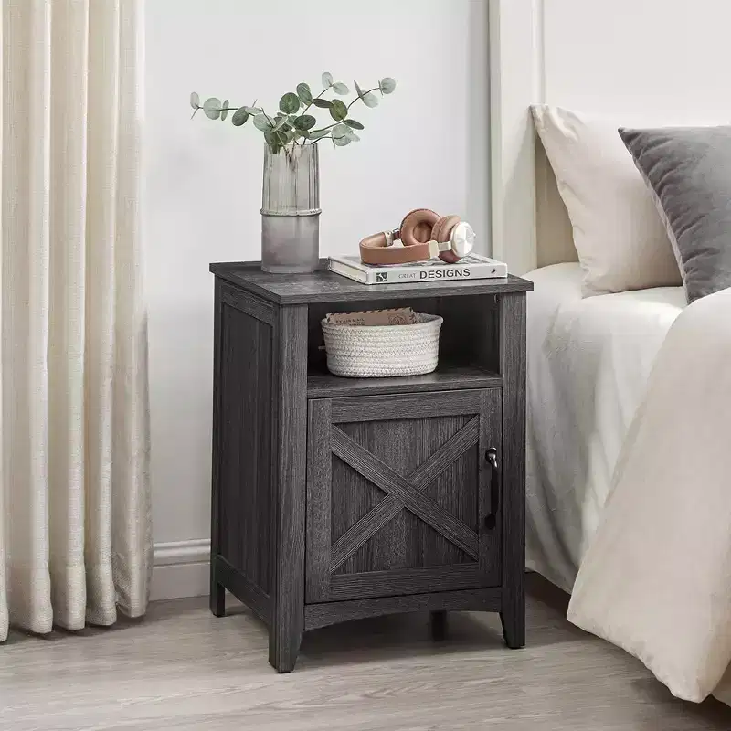 VASAGLE Farmhouse Nightstand with Barn Door, Bedside Table with Storage, Side End Table, Night Stand with Open Compartment