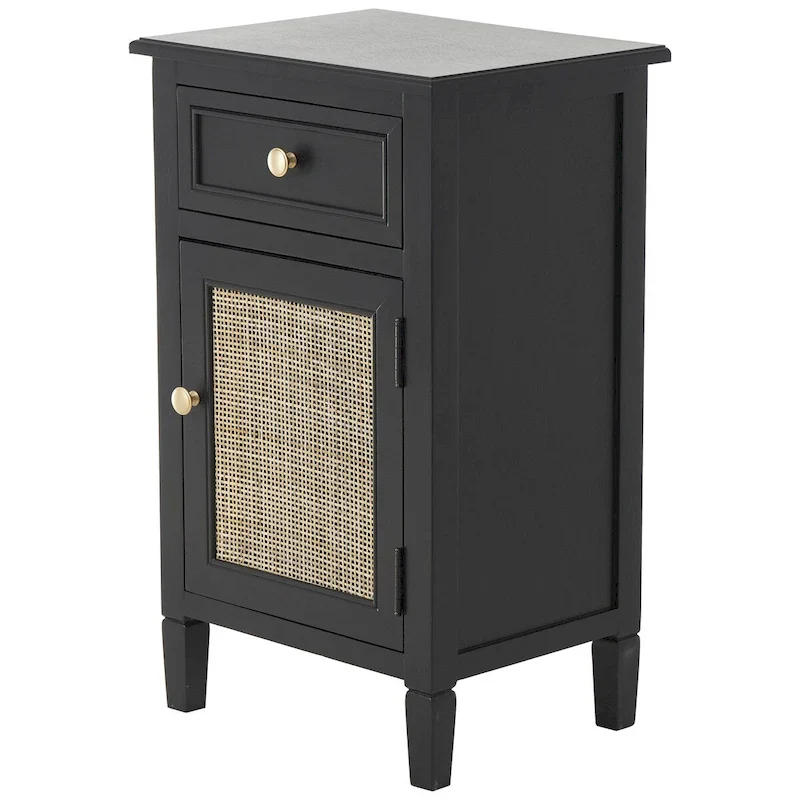 Handmade Black Wood Cabinet with 1 Drawer & Rattan Door, MDF & Pine, 15.75x12.5x26 in