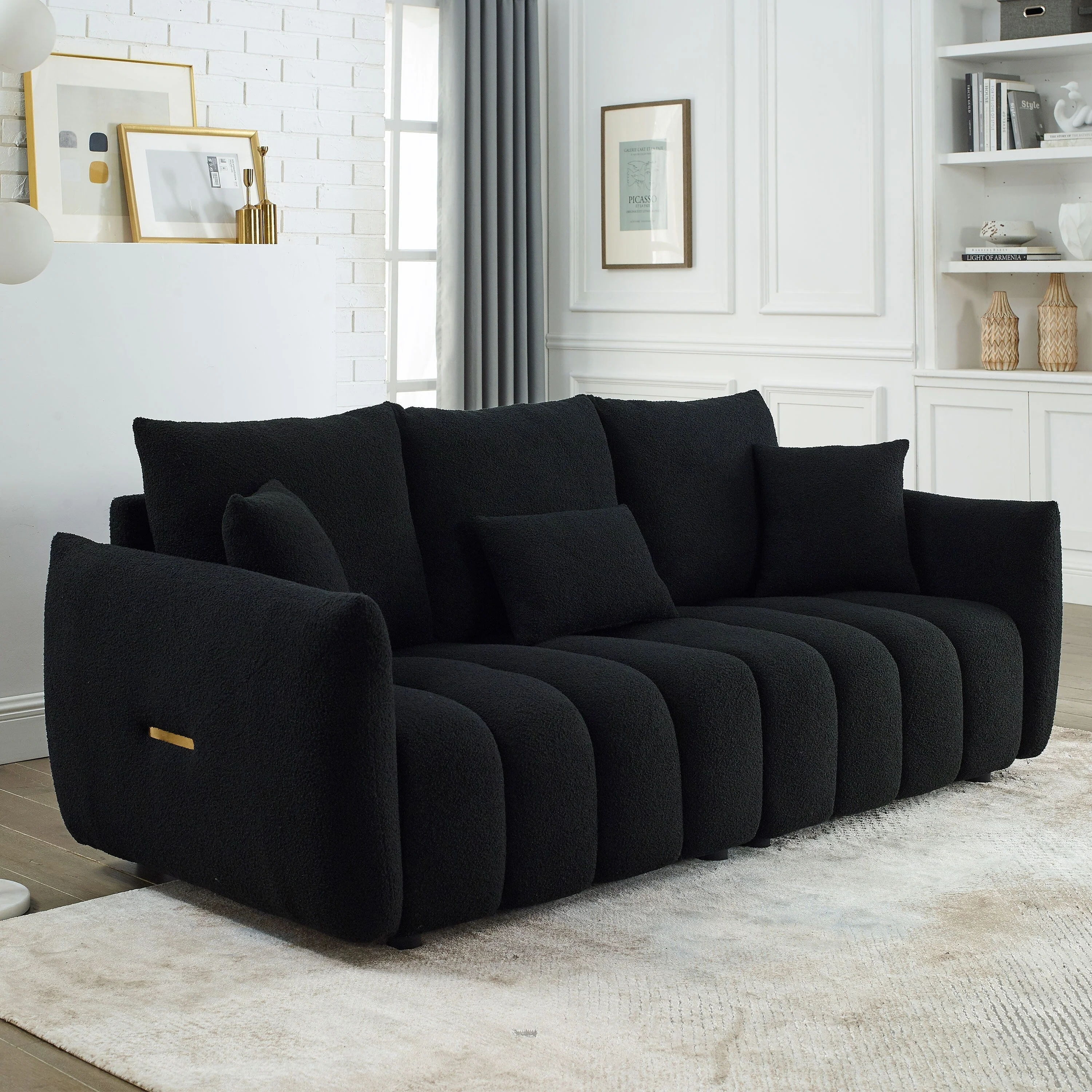 Black Teddy 3-seater Sofa with Back Pillows and Wood Frame