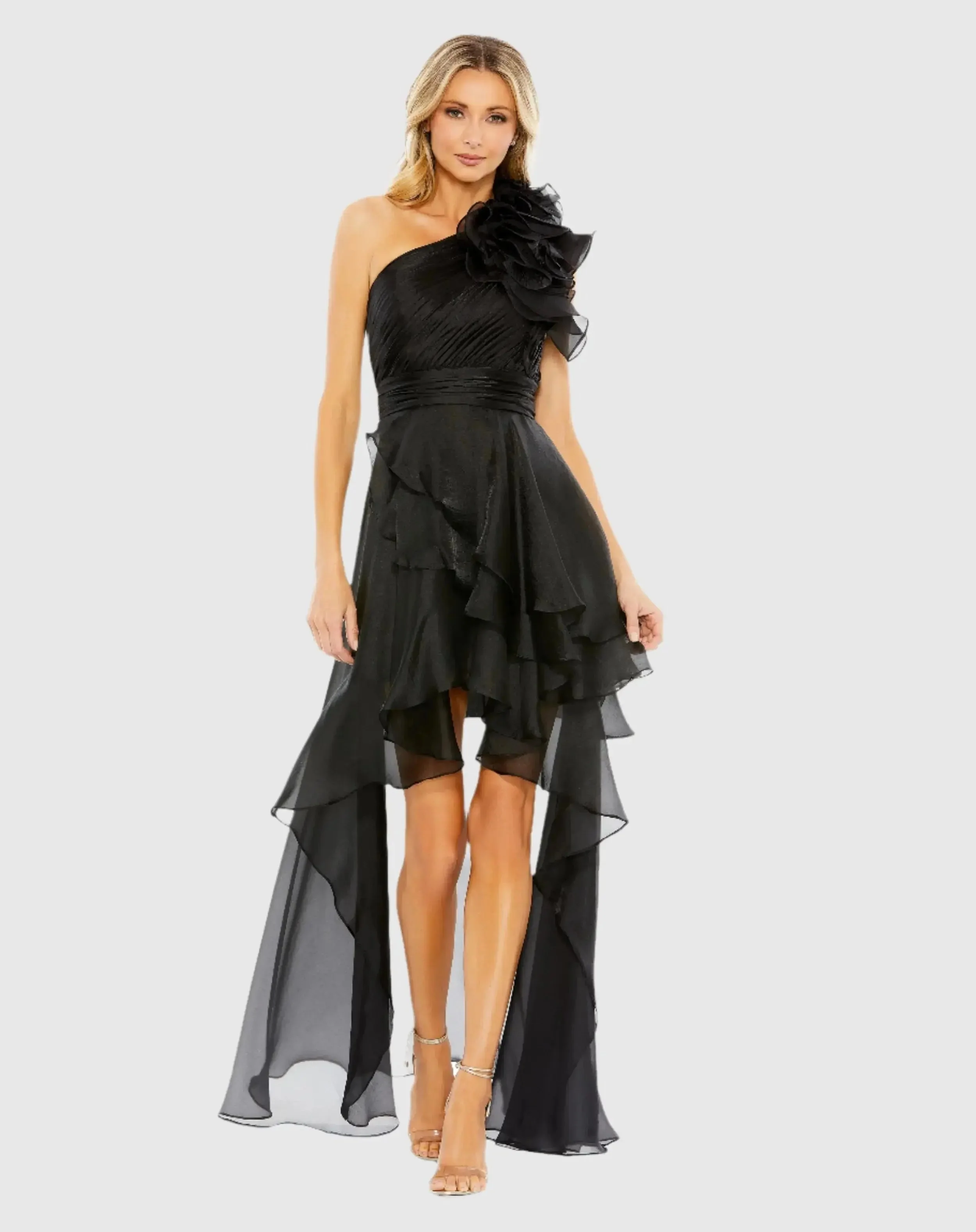 One Shoulder Ruffle High Low Gown