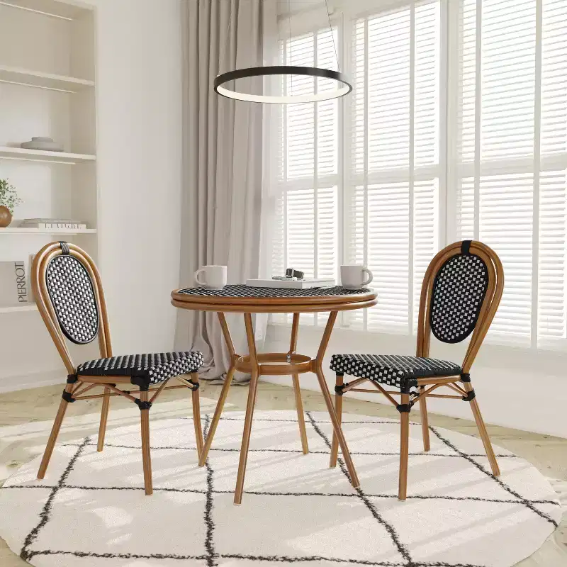 Emma & Oliver Colmar Indoor/Outdoor Bistro Style 31.5 in. Table with Black & White PE Rattan, Glass Top, and Two Chairs - Natural Frame