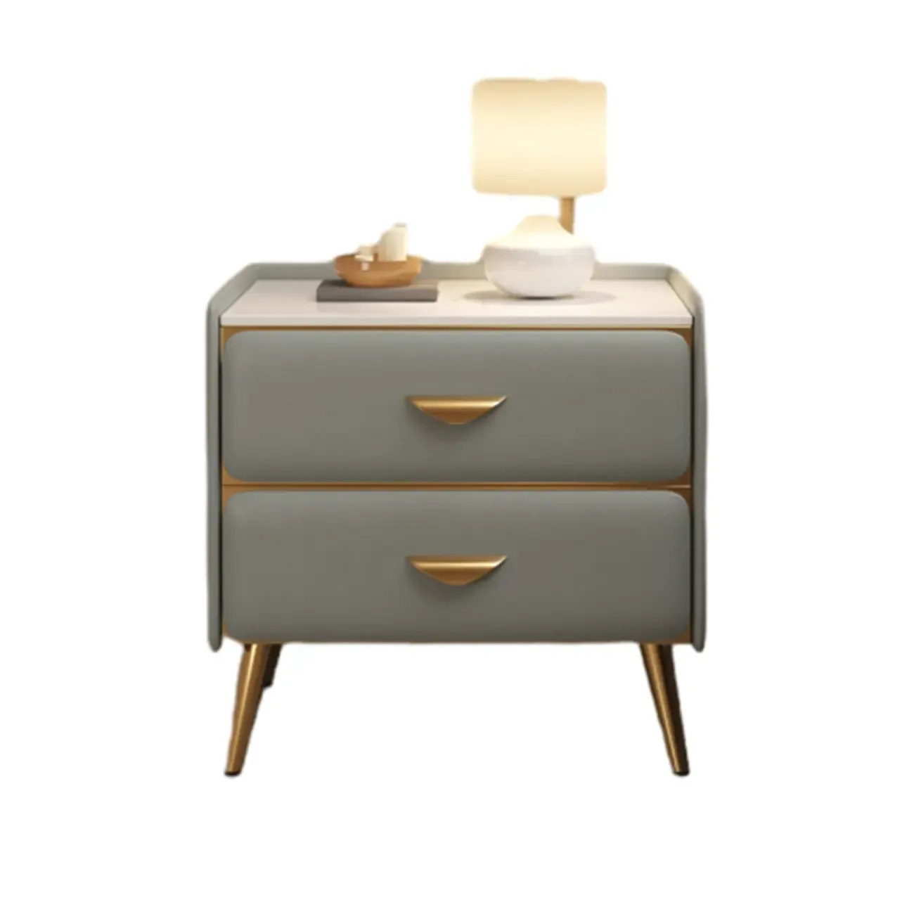 Elegant Stone Top Gold Accents Nightstand with 2 Drawers