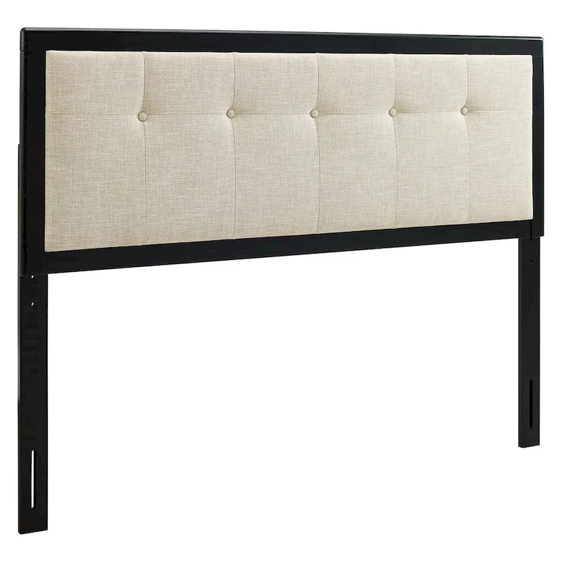 Marlin Traditional Beige Fabric Button Tufted King Size Black Wooden Headboard