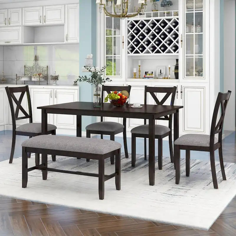 Nestfair 6-Piece Dining Table Set with 4 Fabric Chairs and Bench