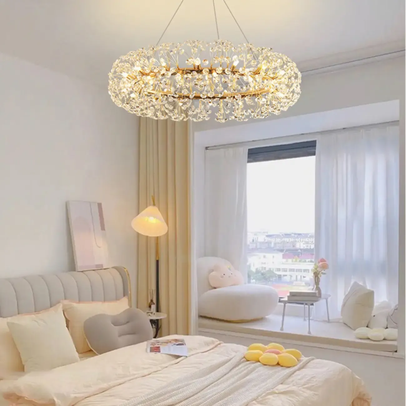 Adjustable Height Gold Crystal Globe Starburst Chandelier