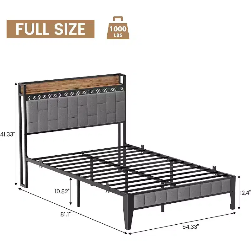 Full Size Linen Upholstered Bed Frame, Platform Bed Frame with Storage Headboard, No Box Spring Needed, Grey