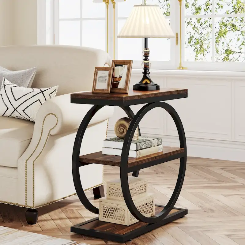 Industrial 3-Shelf Narrow End Table – Brown / Grey / Oak / Yellow
