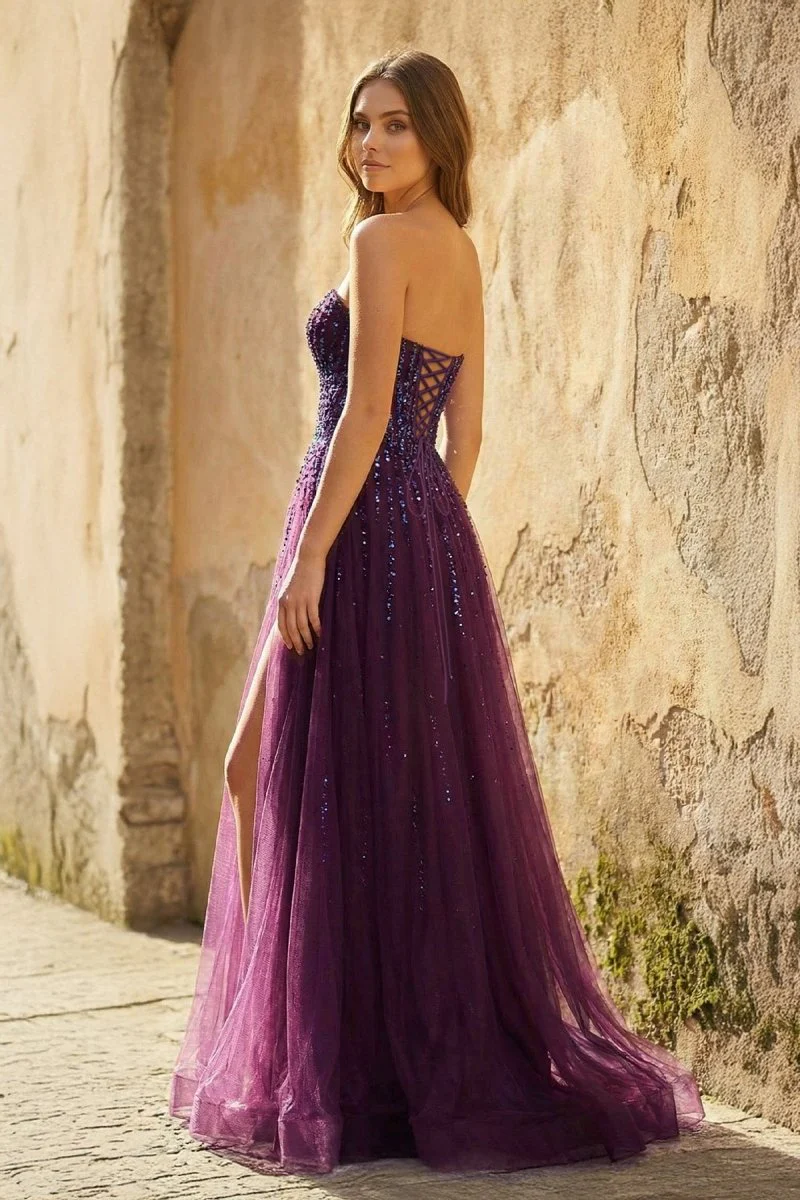 Sweetheart A-line Plum Tulle Prom Dress with Slit