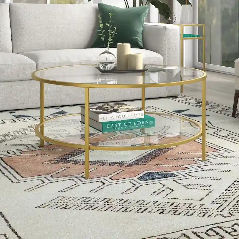 36-inch Round Coffee Table with Glass Top and Lower Shelf