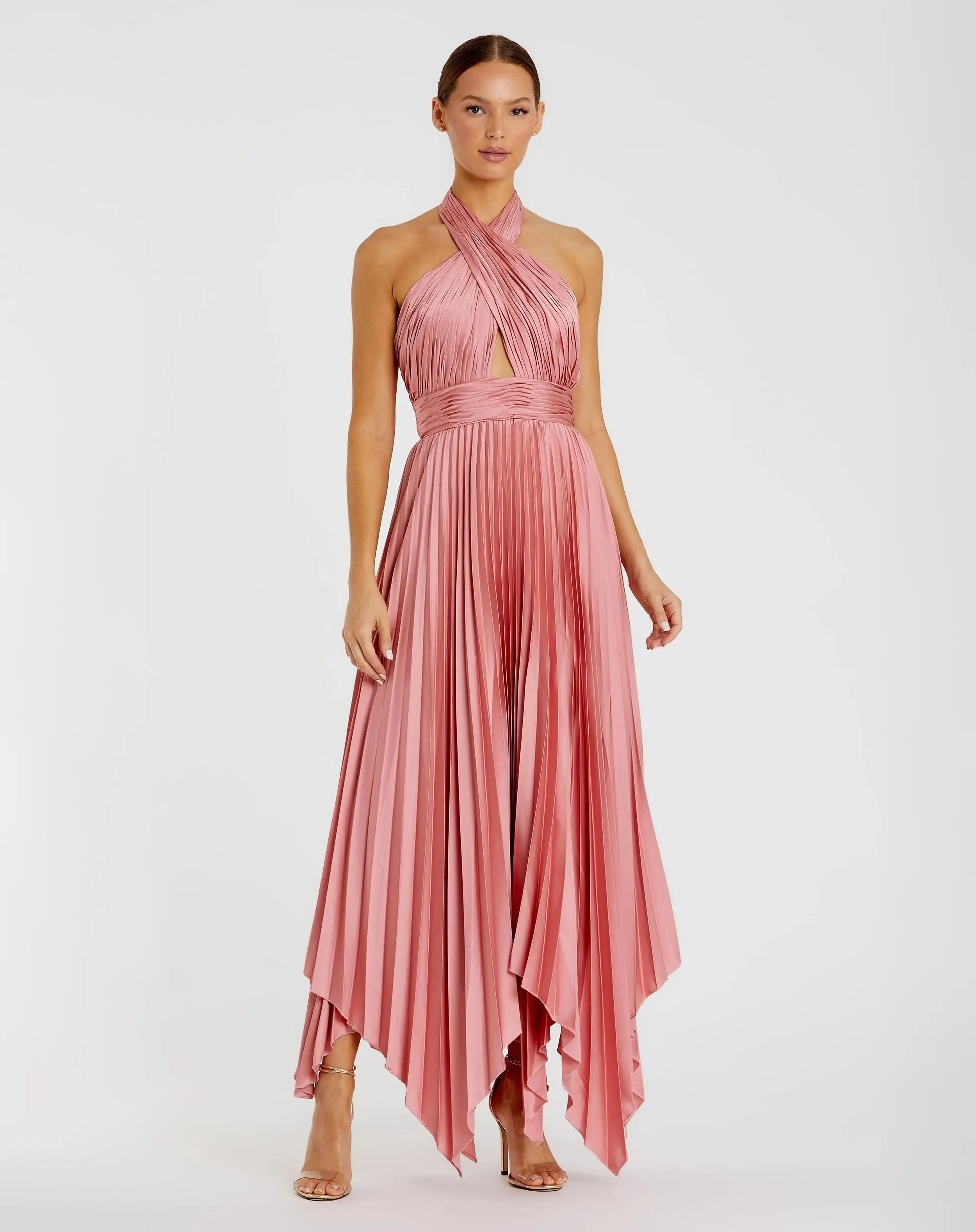 Pink Pleated Halter Neck Asymmetrical Hem Gown - FINAL SALE