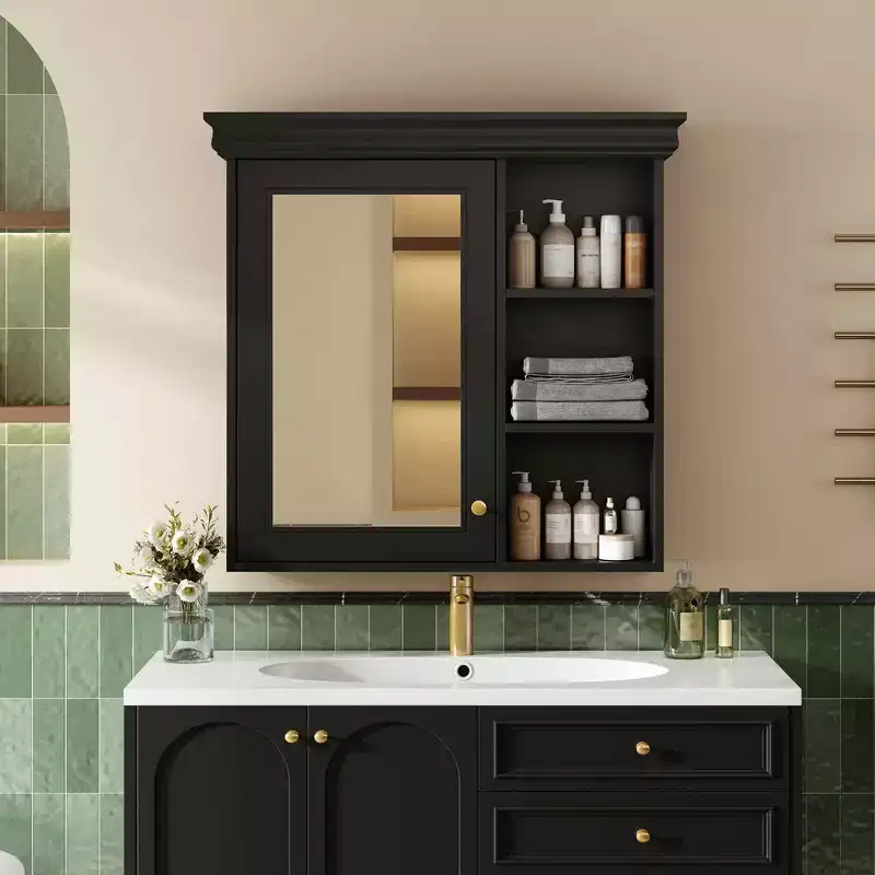 MAYEERTY 47 Wall Mounted Bathroom Cabinet with Mirror 3 Adjustable Shelves 3 Open Compartments Glass Door for Bathroom White
