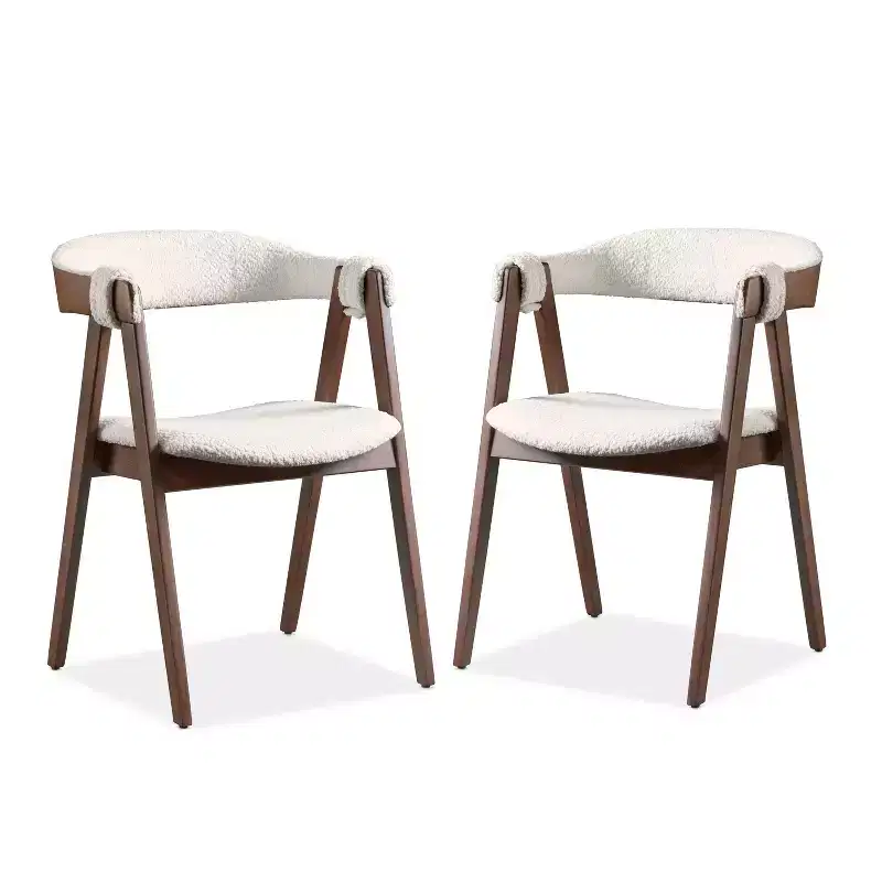 HOMES: Inside + Out Set of 2 Pearlcrest Mid-Century Modern Boucle Upholstered Dining Chairs Walnut