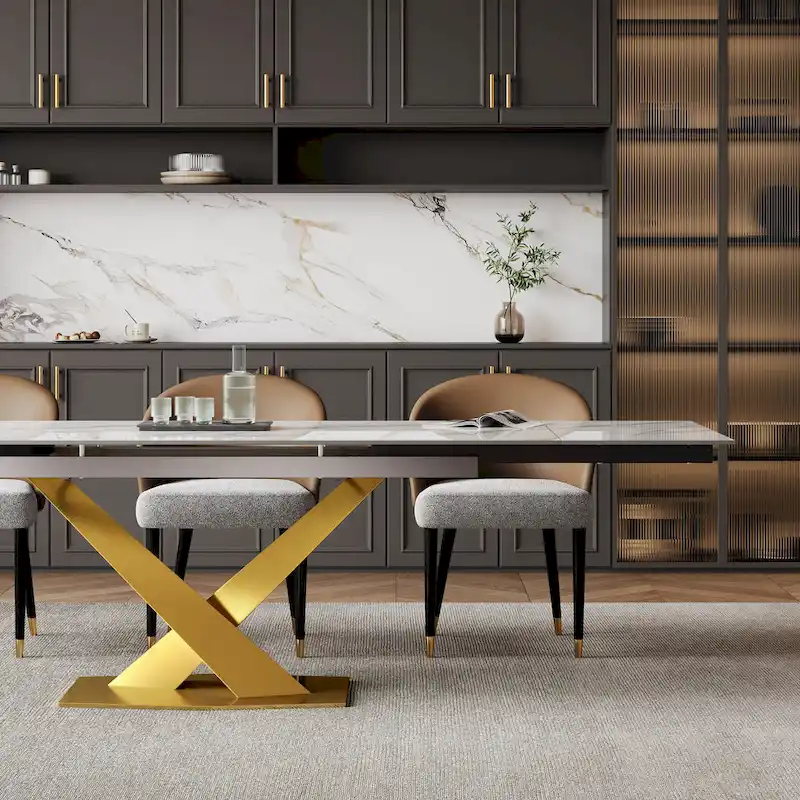 9 - Piece 94.48  Rectangular Extendable Sintered Stone Dining Table with 8 Faux leather Chairs Dining Set