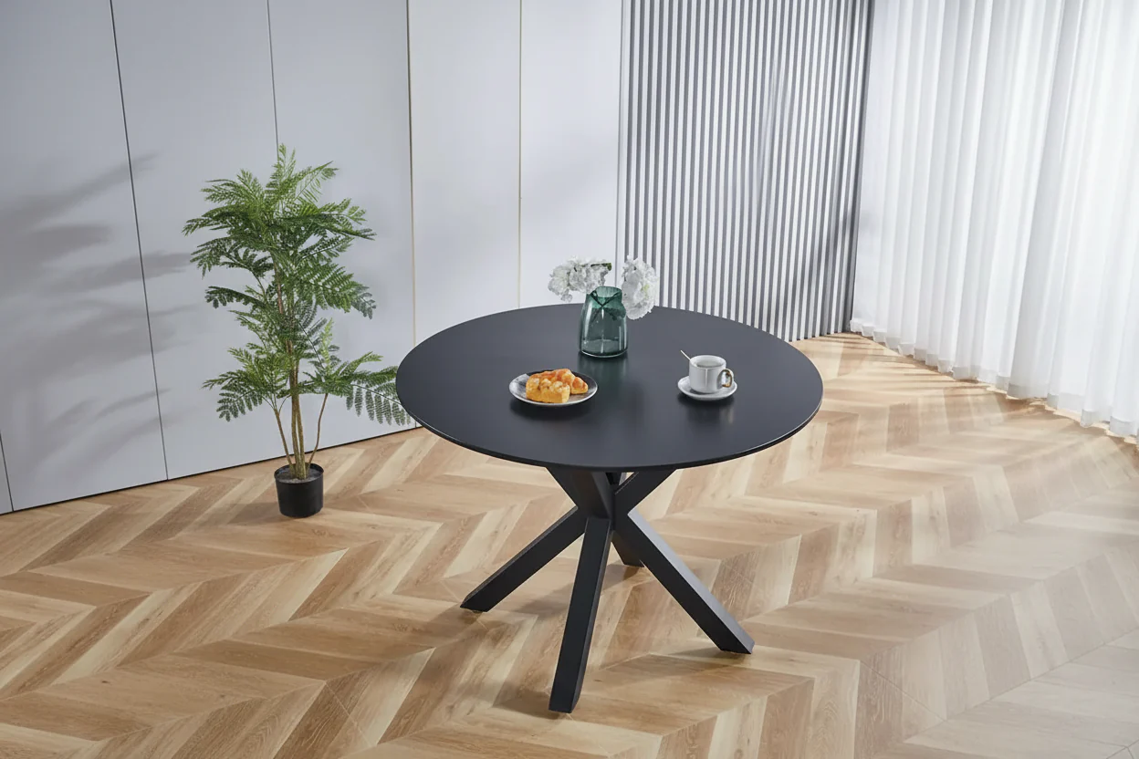 Round Dining Table with Pedestal Base, Brown/Black/White/Marble, Seats 4–6