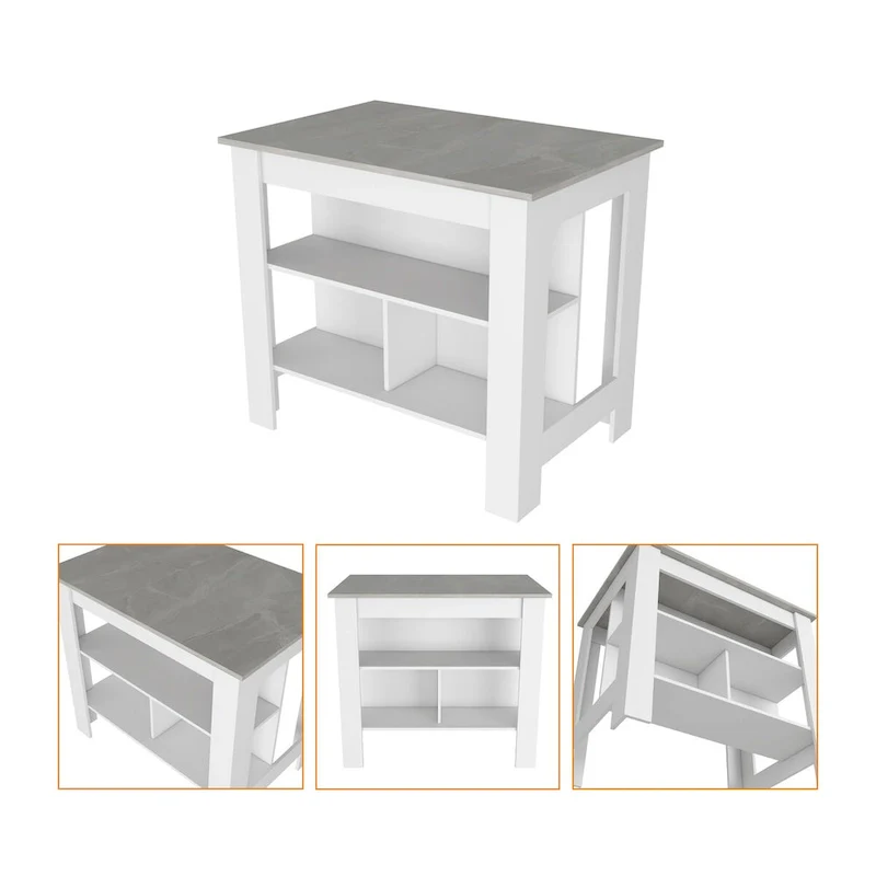 Kitchen Island Dozza, Three Shelves, White / Ibiza Marble Finish