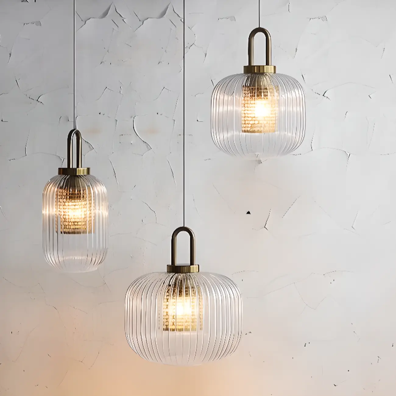 Gold Metal Ribbed Clear Glass Kitchen Pendant Light