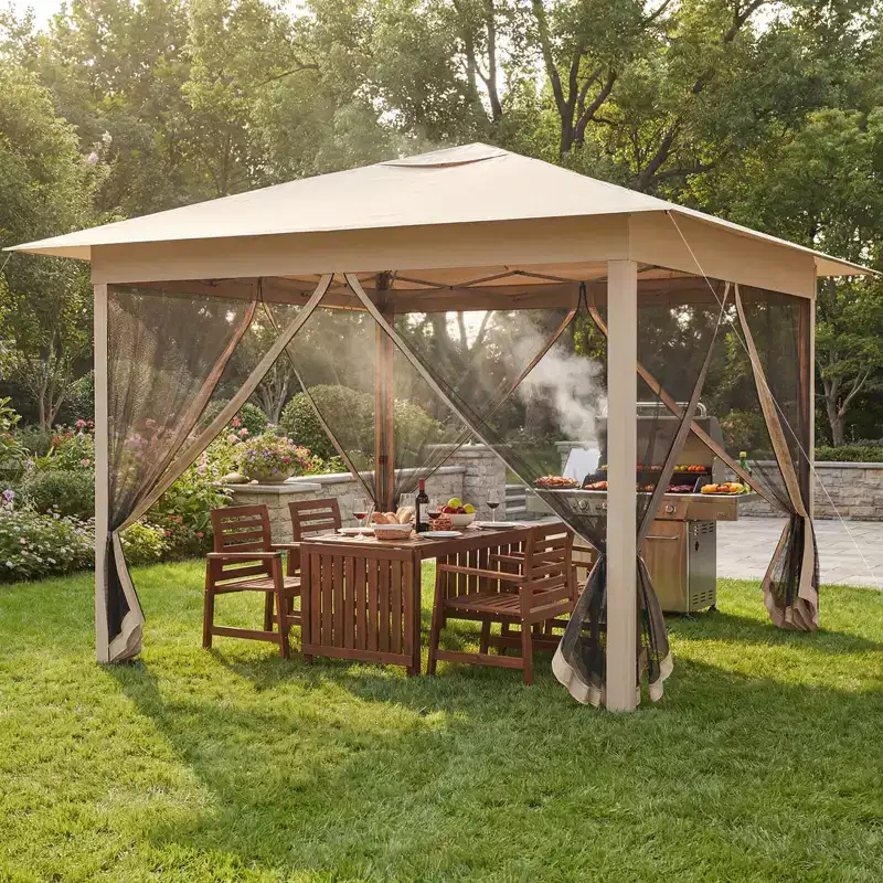 Costway 11.5 X 11.5 FT Easy Pop-up Canopy with Mesh Screen Netting, Air Vent, 4 Doors, Bag Beige/Brown