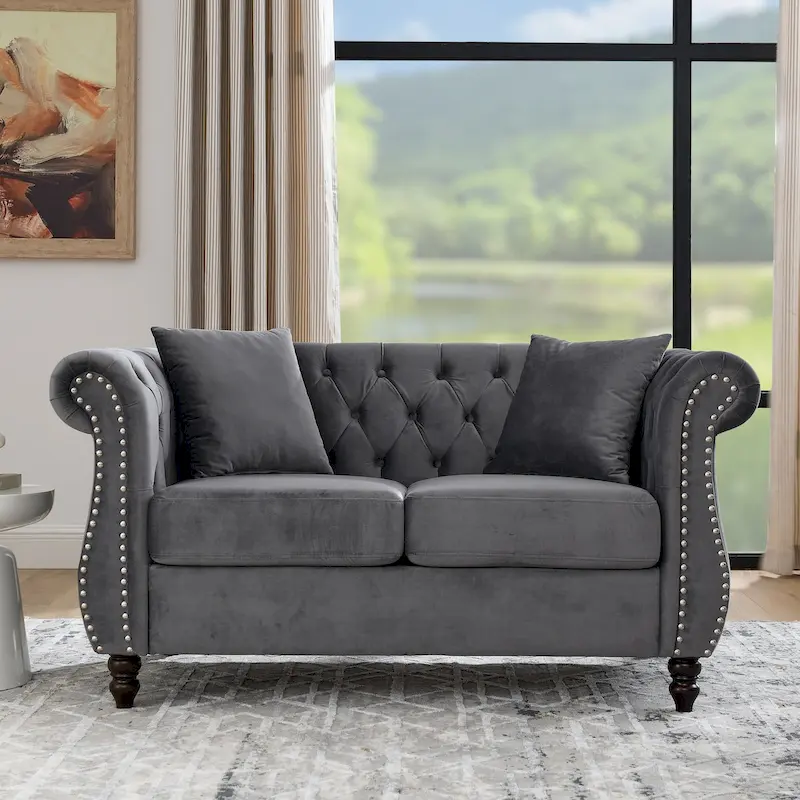 Grey/Beige Velvet Chesterfield Loveseat, Rolled Arms & Nailhead Trim, Seats 2