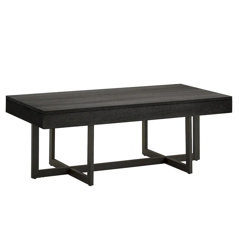 Wood Finish Coffee Table with Two Drawers - Black Metal Frame
