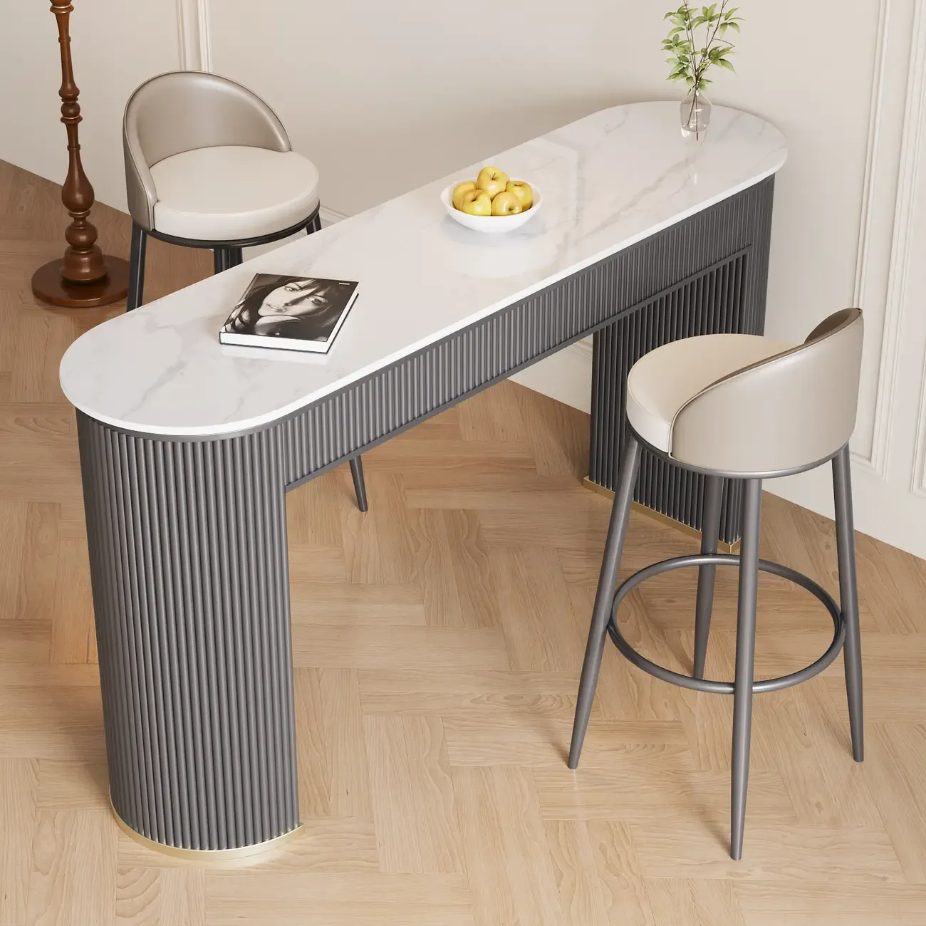 Modern White Stone Oblong Ribbed Iron Dual-Base Bar Tables