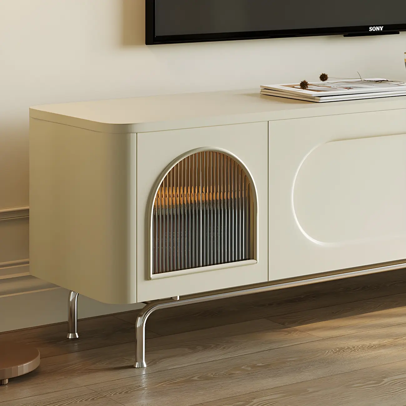 94.5 White Wood Arched Display Niches TV Stand with Cabinets