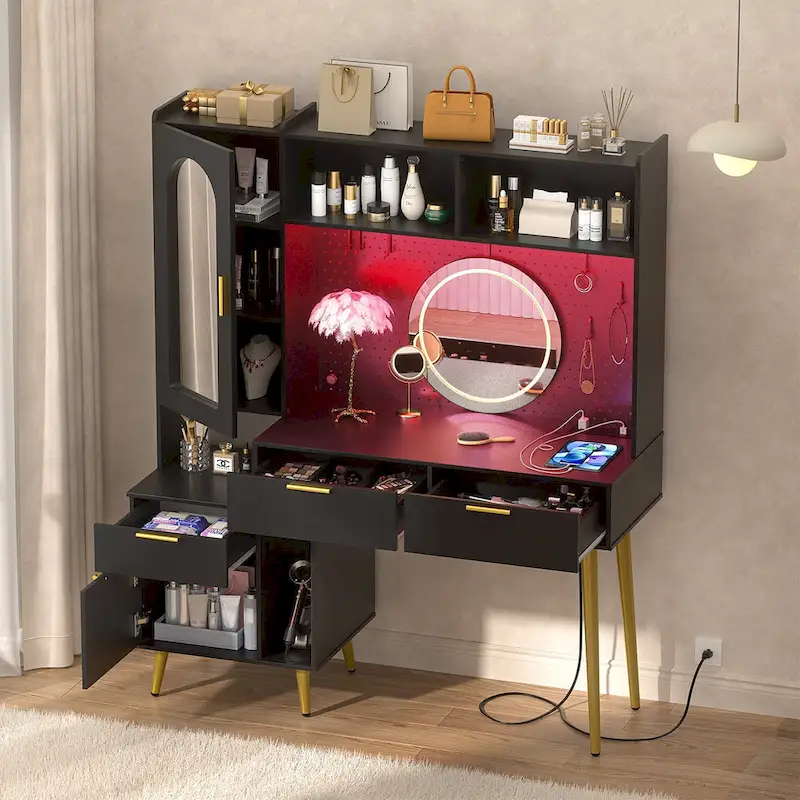 Makeup Vanity with Pegboard and Hutch, Bedroom Vanity Table with Charge Station and LED Light - N/A