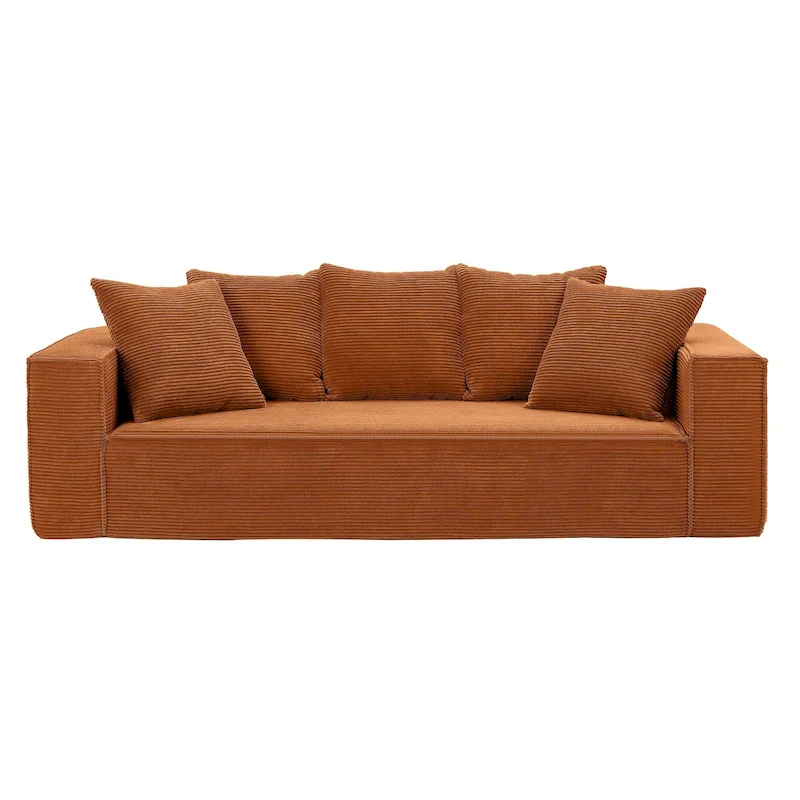 Orange / Green / White / Black Corduroy Modular 3-Seater Sofa with 5 Toss Pillows