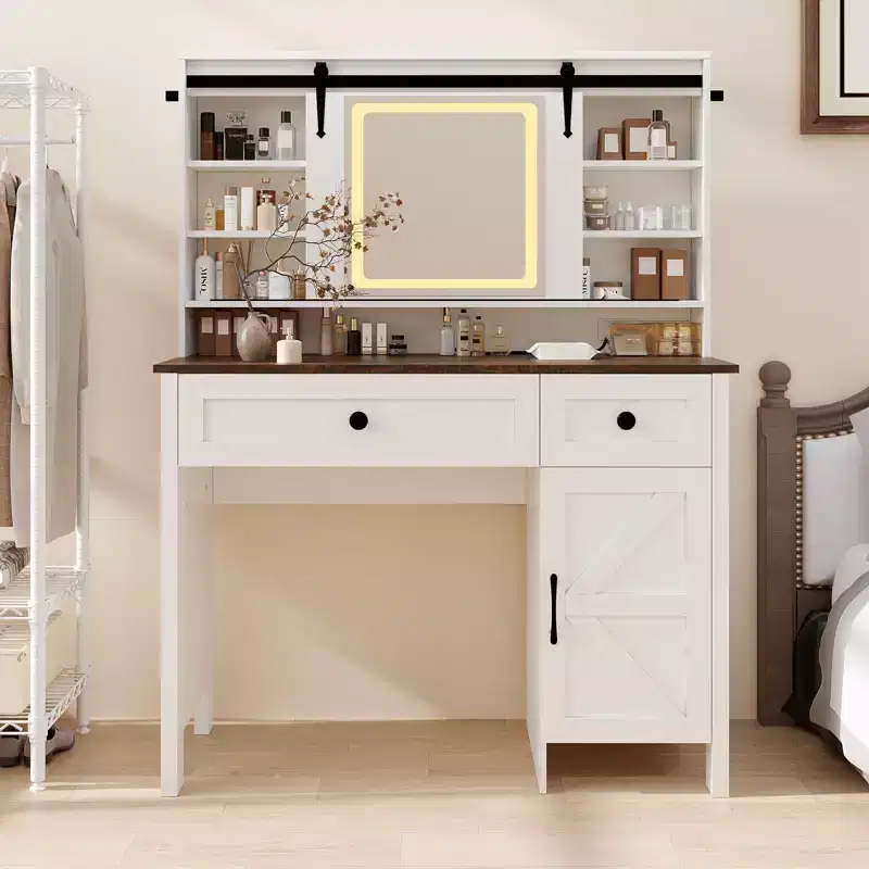Vanity Desk with Mirror, Makeup Table with 3 Drawers and Storage Stool, Dressing Table with Cabinet for Bedroom