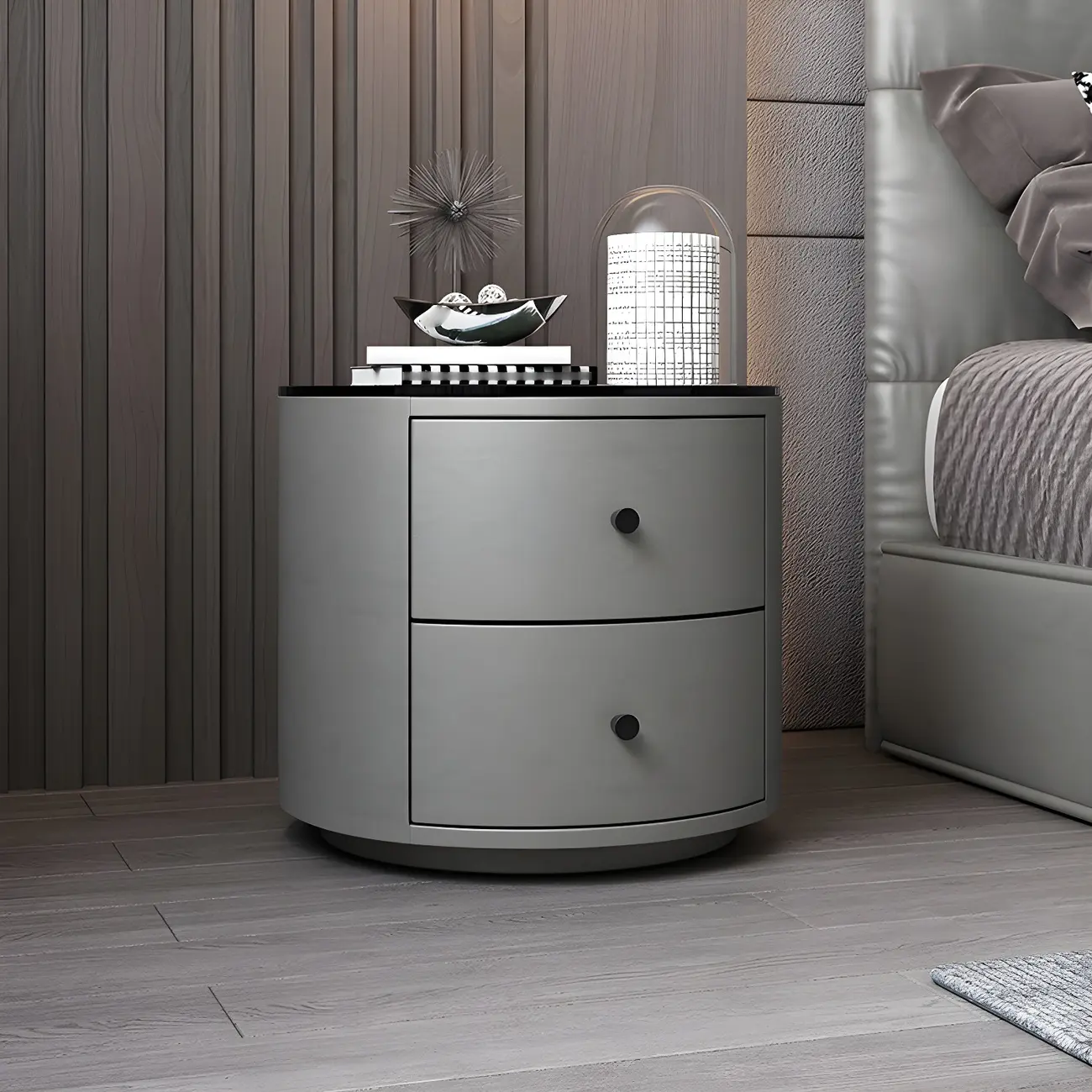 Modern Faux Leather Round Bedside Table with Two Drawers in Grey