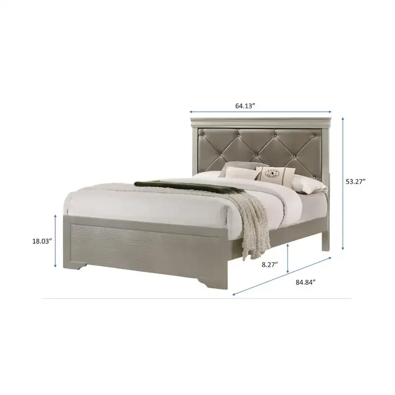 Sigurd 4 Piece Silver Faux Leather Upholstered Tufted Panel Bedroom Set