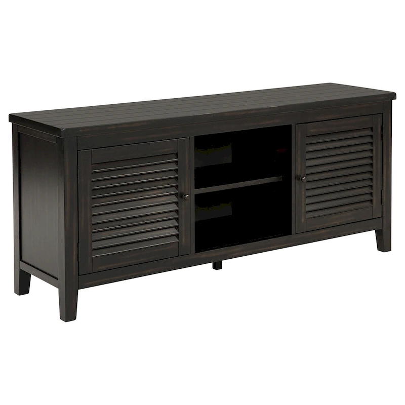 Coni TV Stand Media Cabinet, 2 Door and Shelves, Black Wood 60 Inch