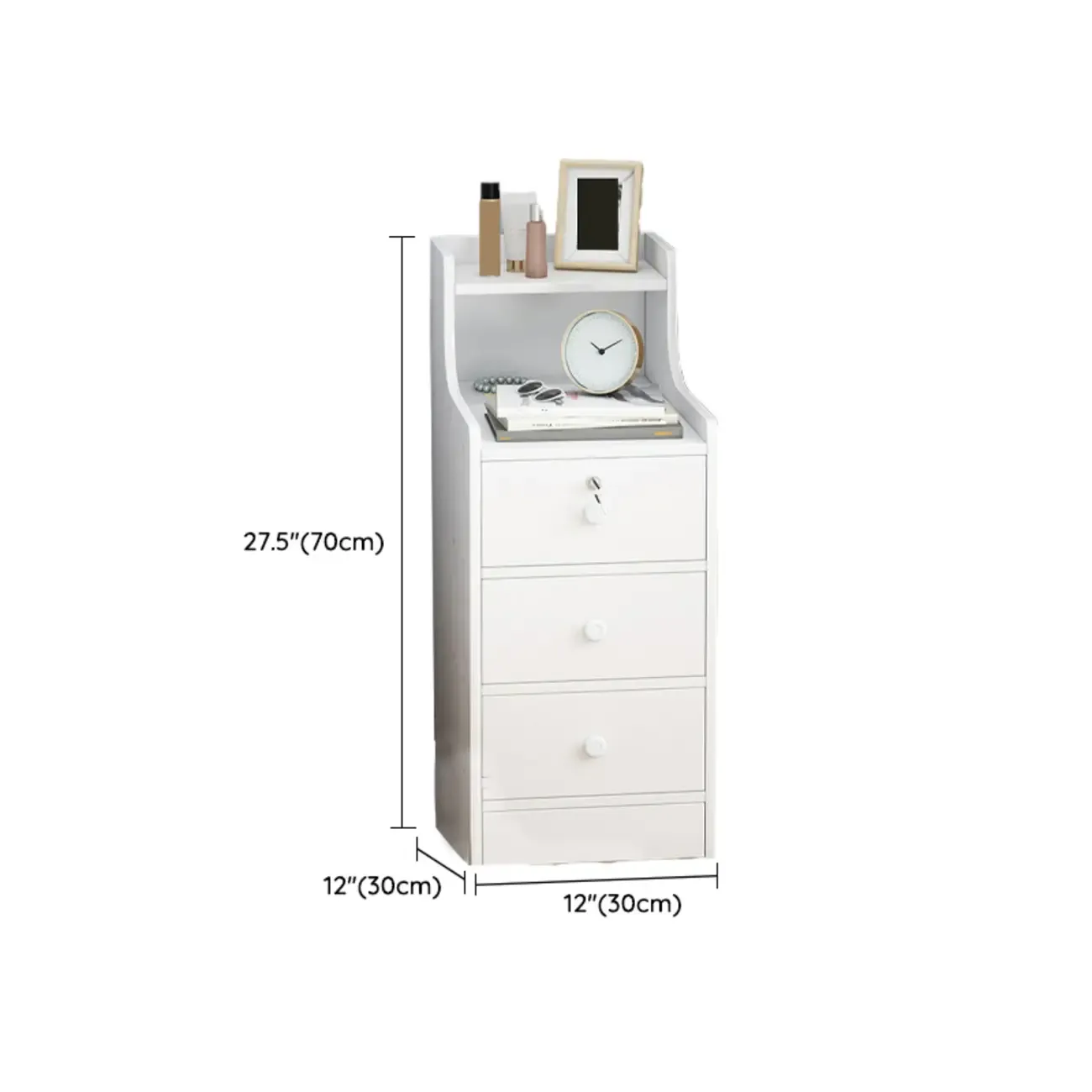Narrow White Wood Nightstand with Drawers & Shelf