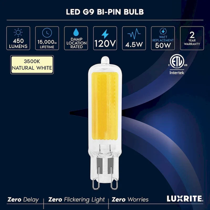 Luxrite G9 LED Bulb Dimmable 4.5W, 50 Watt Equivalent, 450LM, Glass G9 Bi Pin Base, ETL (5 Pack)