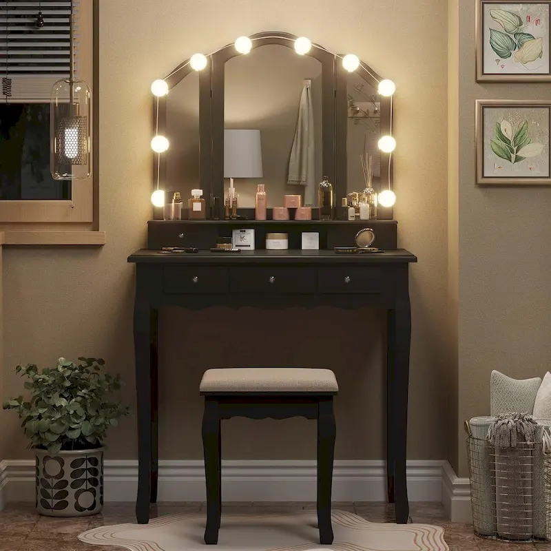 Vanity Desk Set Makeup Vanity Lighted Tri-fold Mirror and Stool