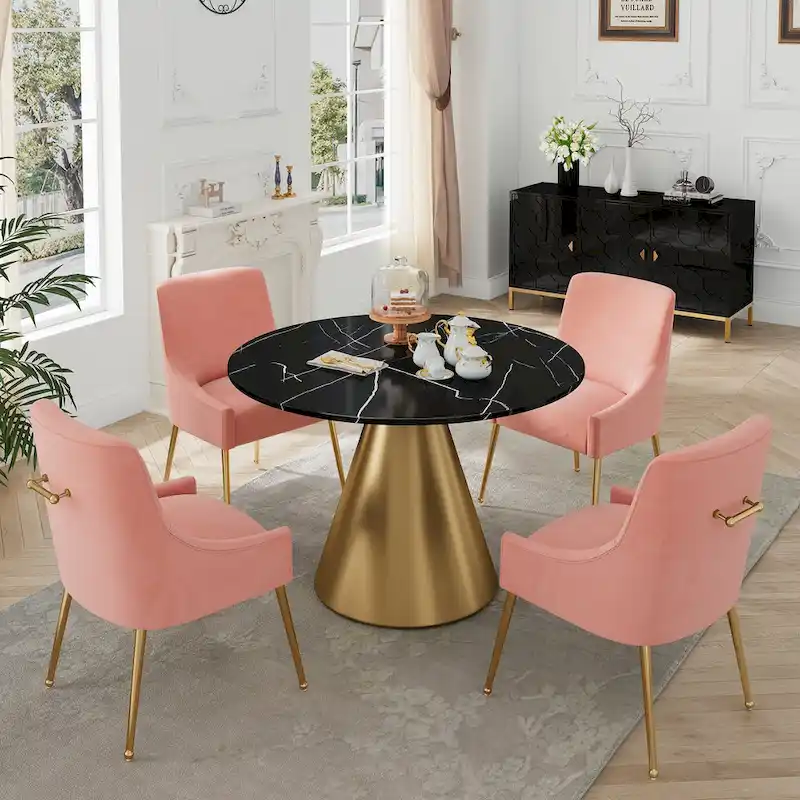 Clihome 5 Piece Black Marble Top Table with Velvet Dining Chair Set