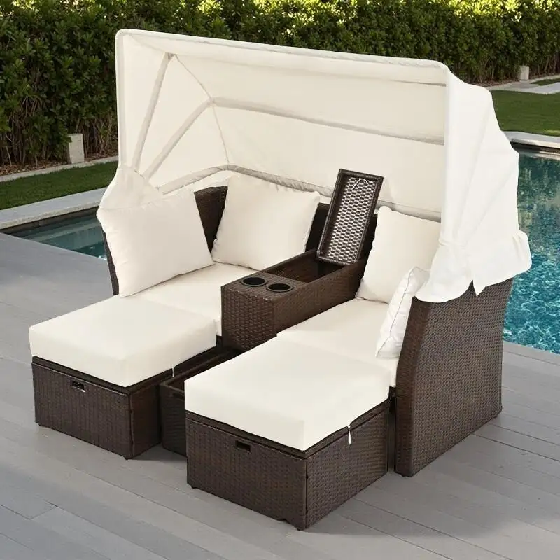 Convertible Outdoor Patio Daybed Loveseat Sofa Set with Retractable Canopy and Central Console