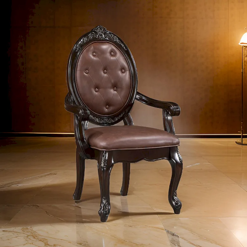 Dining Armchair with Carved Back and Faux Leather Seat, Brown