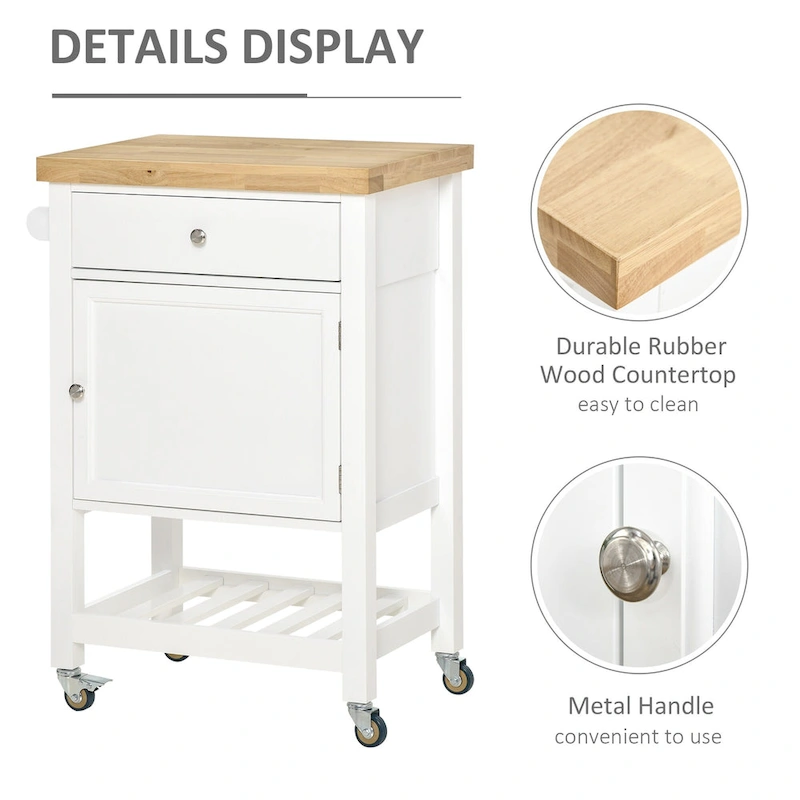 HOMCOM Utility Kitchen Cart, Rolling Kitchen Island with Smooth Rubberwood Top, Narrow Butcher Block Surface on Wheels