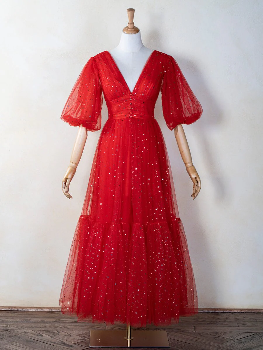 V-neck Glitter Ankle Length Tulle Prom Dress