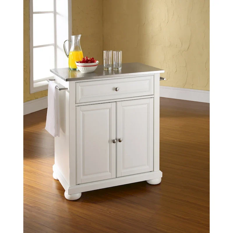 White Wood Portable Kitchen Island with Stainless Steel Top - 31W x 18D