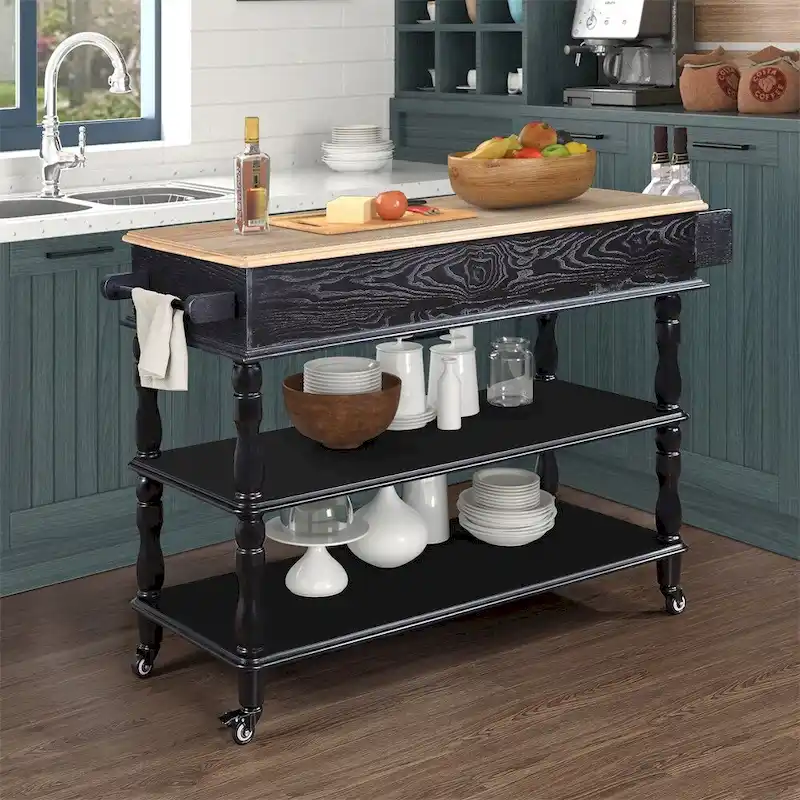 Rolling OAK Wood Top Kitchen Cart with Wine Rack and 2 Drawers