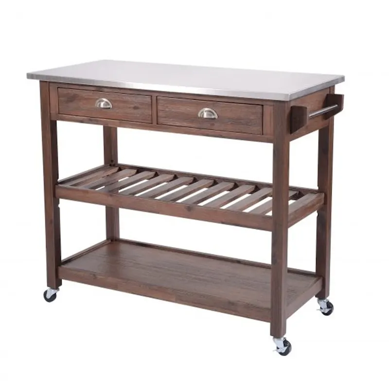 2 Drawers Wooden Kitchen Cart with Metal Top and Casters, Gray and Brown