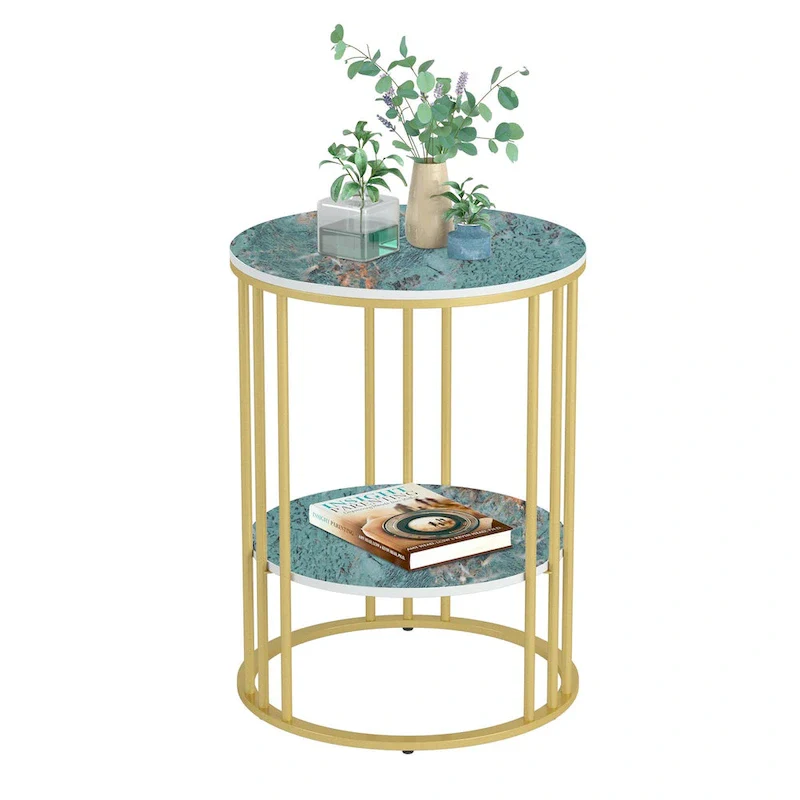 Cold Jadeite / Black / Gold 2-Tier Round Sintered Stone End Table – Single