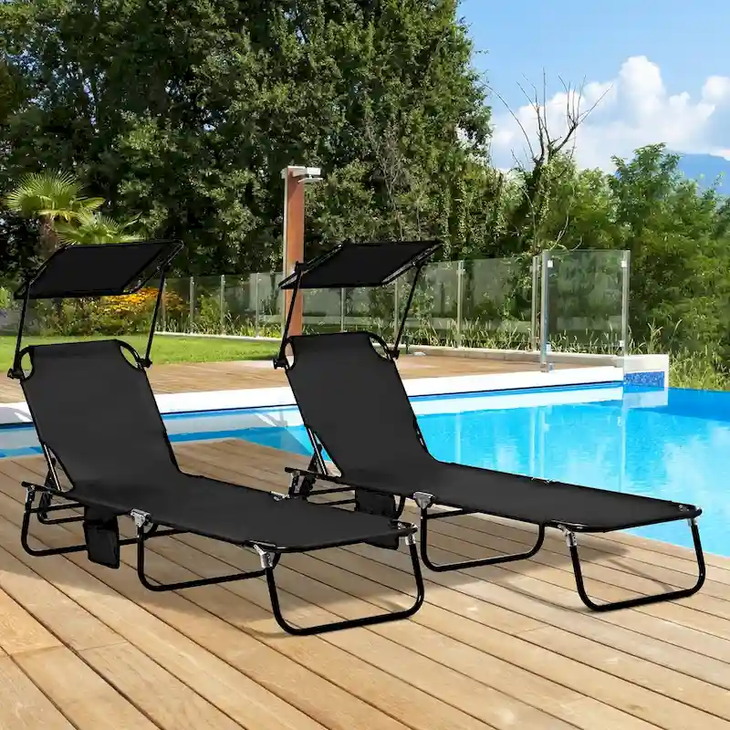 2-Piece Outdoor Folding Pool Lounge Chairs & Tanning Chairs with Canopy Shade, Reclining Back, Steel Frame and Side Pocket