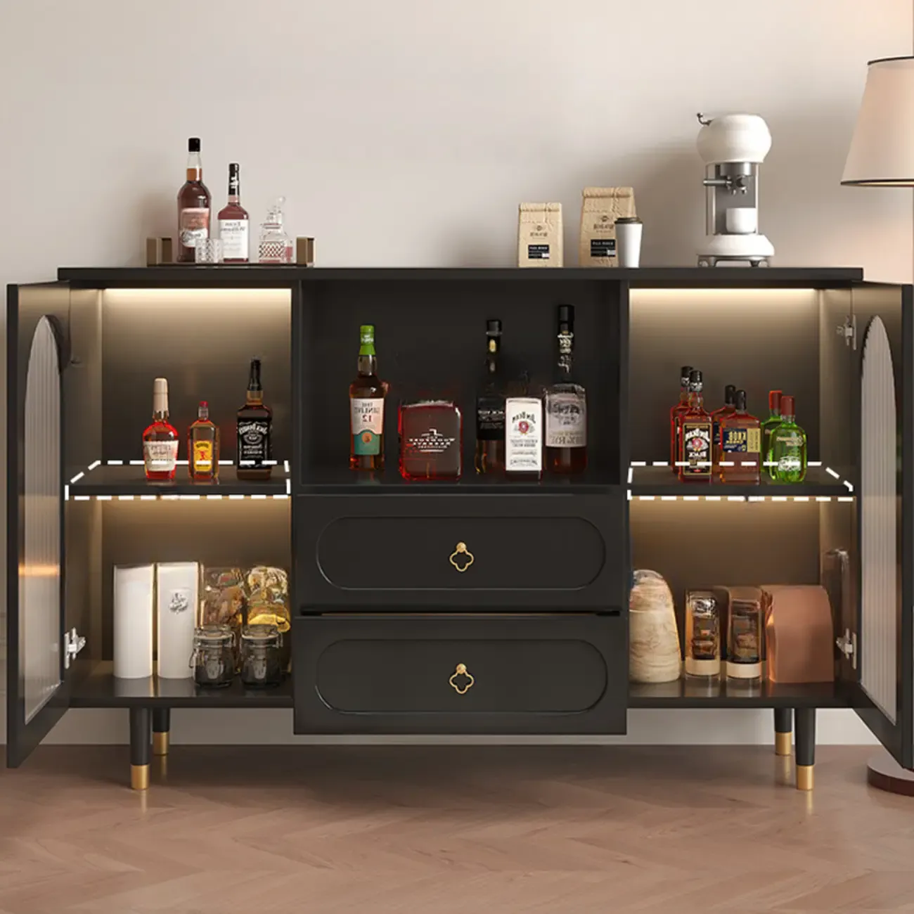 Glam Black Engineered Wood Sideboard with Drawers