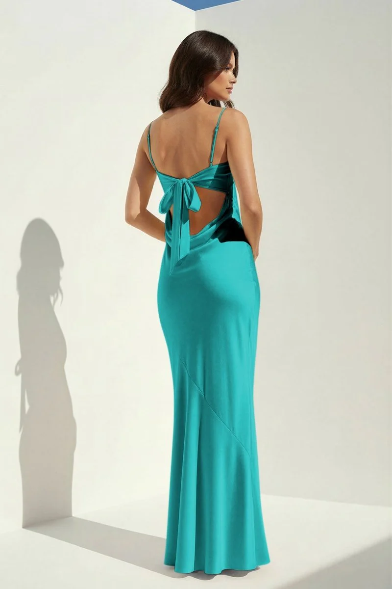 Yellow Spaghetti Straps Sheath Satin Open Back Long Prom Dresses