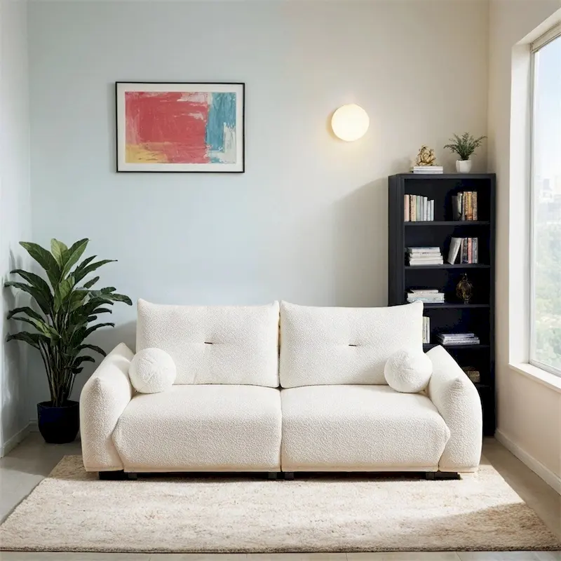 2-Seater Sofa 90 Lambswool Fabric High-Density Foam Mid-Century Modern 2 Pillows 750 LBS