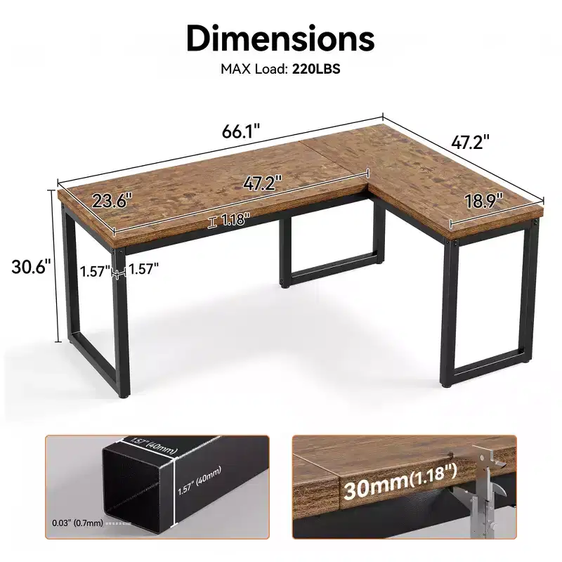 Dyonery 66 Inch L-Shaped Corner Computer Desk, 1.2 Extra-Thick Desktop, Heavy-Duty Metal Frame, Home Office Gaming Writing Workstation, Rustic Brown